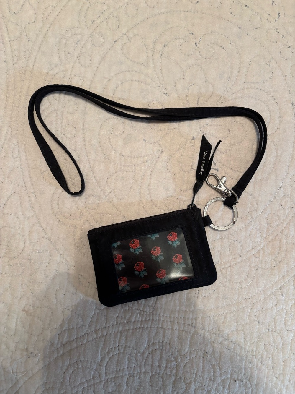Vera Bradley Black ID Lanyard Wallet with Red Rose Print